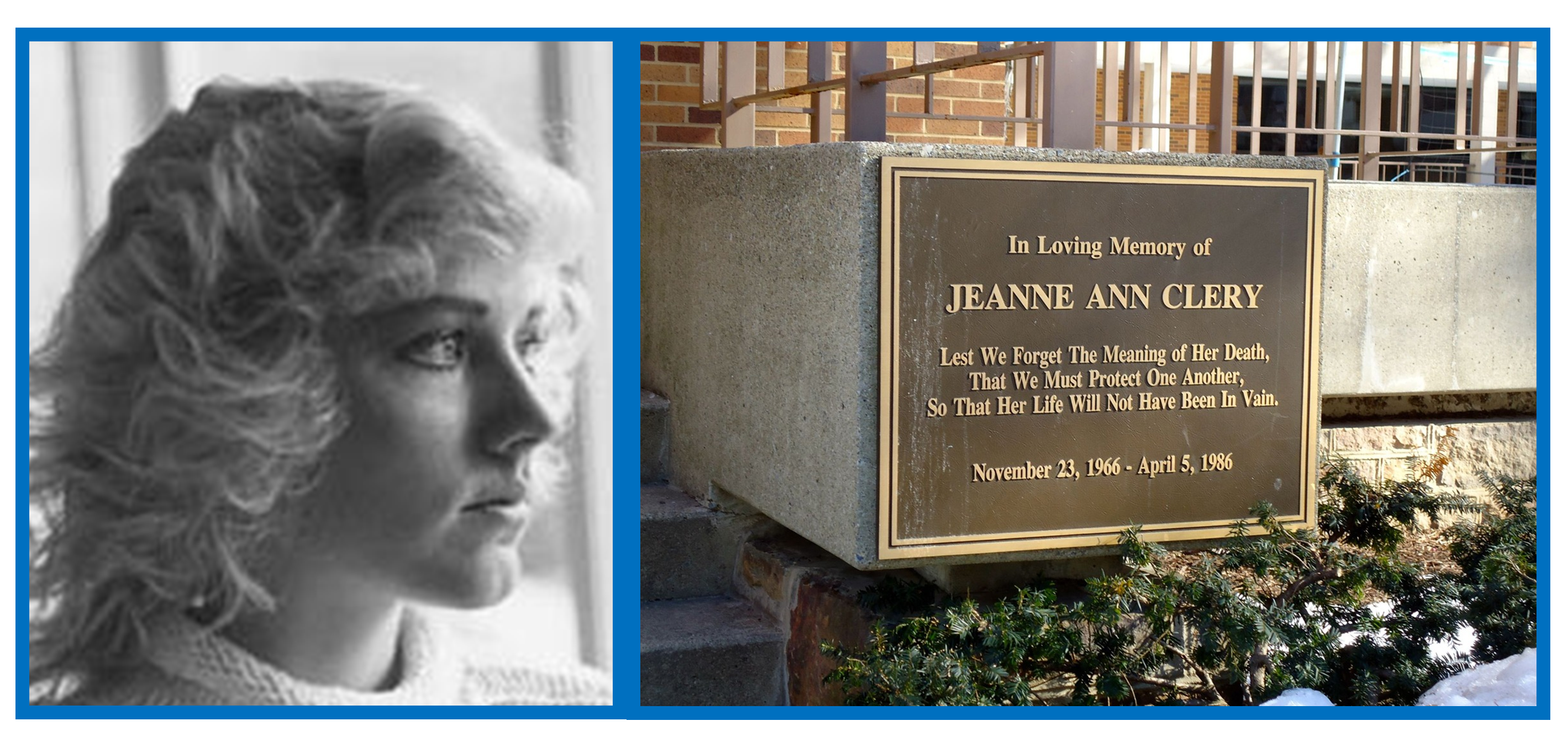 Photo of Jeanne Ann Clery and memorial marker.