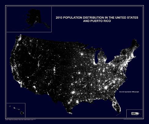 The 2010 Population Distribution in the United States and Puerto Rico map (also referred to as the "Nighttime Map"), portrays the distribution of population in the United States and Puerto Rico based on the results of the 2010 Census of Population and Housing. Two versions of this dot distribution map are available, a large format map and a small format map. On the large format or wall map version (which measures approximately 28 x 24 inches), each white dot represents 1,000 people. On the small format or page size version (which measures 11 x 8.5 inches), each white dot represents 7,500 people.