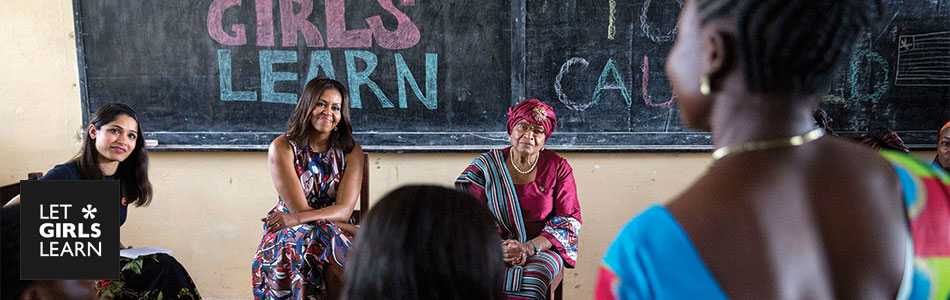 First Lady Michelle Obama participates in a roundtable discussion with President Ellen Johnson Sirleaf , Freida Pinto and students, in support of the Let Girls Learn initiative, at R.S. Caulfield Senior High School in Unification Town, Liberia, June 27, 2016. (Official White House Photo by Amanda Lucidon)