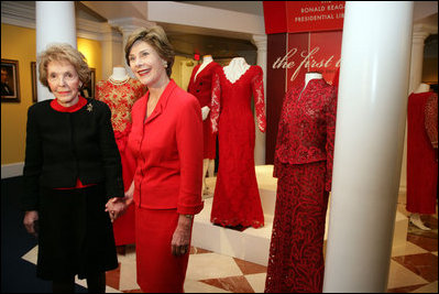 Mrs. Laura Bush and Mrs. Nancy Reagan pose for a photo during a tour of the Red Dress Exhibit at the Ronald Reagan Presidential Library and Museum Wednesday, Feb. 28, 2007, in Simi Valley, Calif. The exhibit features red dresses and suits worn by America’s First Ladies who have joined the Heart Truth campaign to raise awareness of heart disease as the #1 killer of women. White House photo by Shealah Craighead
