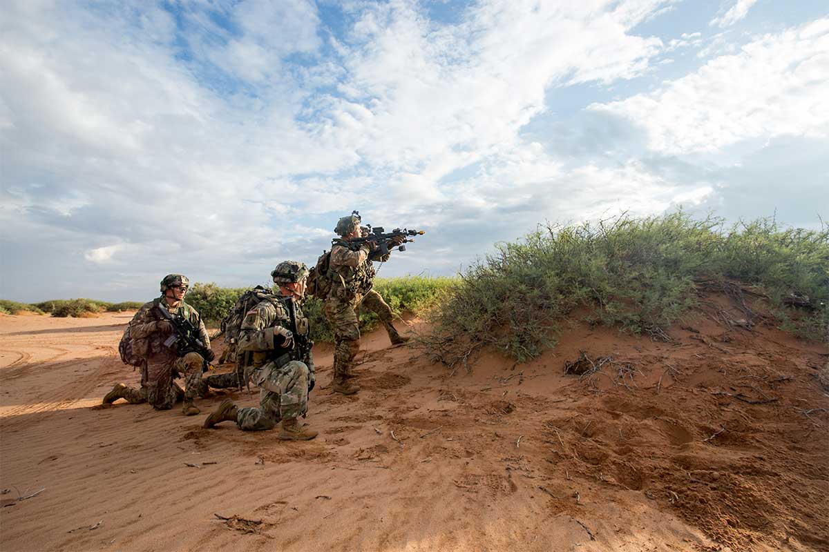 U.S. Soldiers of the 101st Airborne Division (Air Assault), participate in a simulated force-on-force training training exercise during the Network Integration Evaluation (NIE) 17.2 at Fort Bliss, Texas, July 15th, 2017. This annual exercise provides a test-bed for emerging concepts and capabilities in an operationally realistic and rigorous environment. (U.S. Army photo)