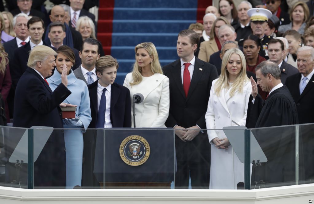 Photo of Donald Trump taking the oath of office at the 2017 inaguration.