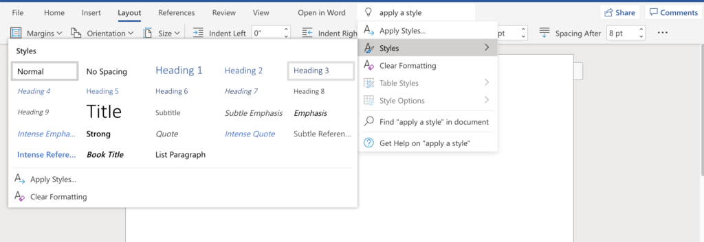 Screenshot of the Microsoft Word "Syles" menu showing various style elements that can be applied to text and documents.