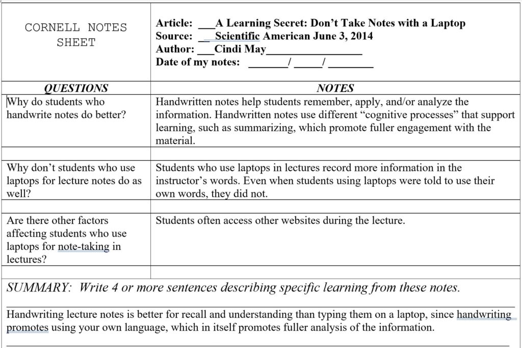 Notes/Cornell Notes College Reading and Writing
