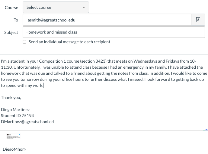 Student letter to professor with subject line "homework and missed class." The letter starts by explaining who he is and which class he's in, and that he had to miss class due to a family emergency. He attaches his homework, explains he will get notes from a classmate, and is planning to come to office hours. He closes with his name, ID, and email address.