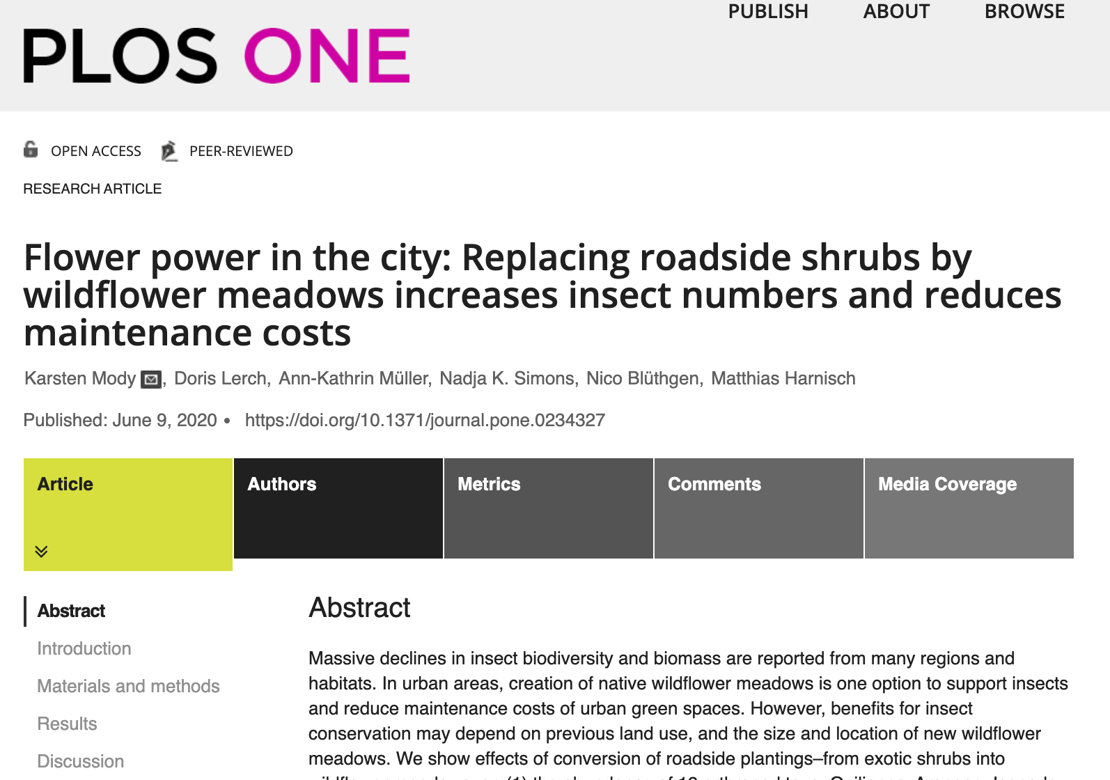 Image of journal article from PLOS One website showing the title, authors, publication date, and abstract.