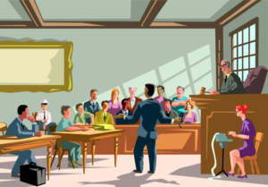 Drawing of a lawyer talking to a jury