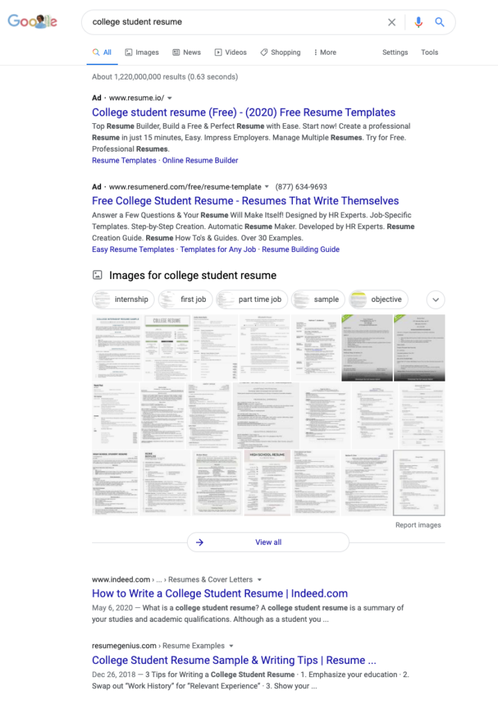 Google results for the phrase "College student resume," explained further in the text