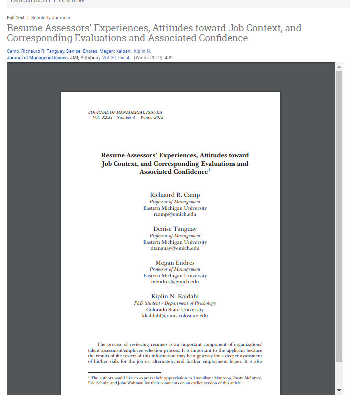 Screenshot of a Google Scholar search result showing a journal article called "Resume Assessors' Experiences, Attitudes toward Job Context, and Corresponding Evaluations and Associated Confidence.