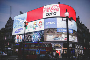 A building covered with advertisements