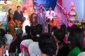 Giving a speech at a wedding reception