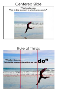 Both slides show a picture of a person leaping on a beach. In the centered slide, the image is cropped and centered so that the leaping figure is at the center of the slide. The quote is above the picture. In the rule-of-thirds slide, the picture takes up the entire slide. The leaping figure is on the right third of the slide, while the quote overlaps the photo in the top third of the slide.