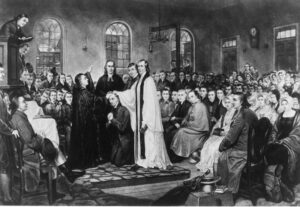 A black and white engraving of a painting of a Christian religious ceremony