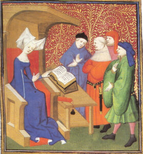 A medieval painting of a woman speaking with three men