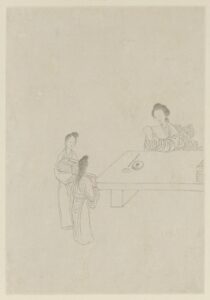 An ink drawing of two Chinese women talking