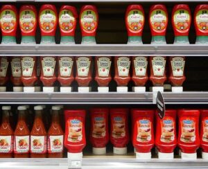 Ketchup on the shelf.