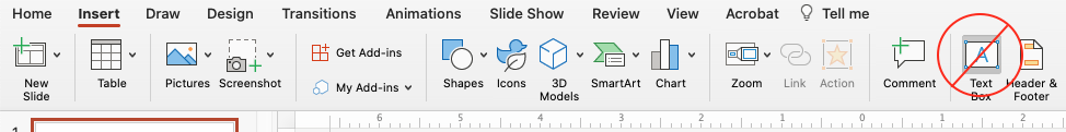 Shows location of the text box insert feature in PPT