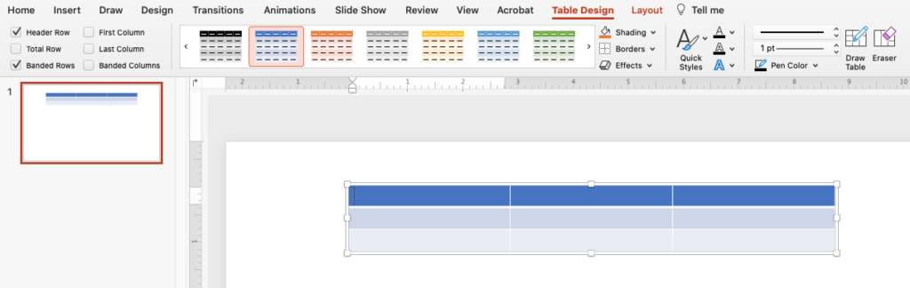 Shows location of table formatting options in PowerPoint