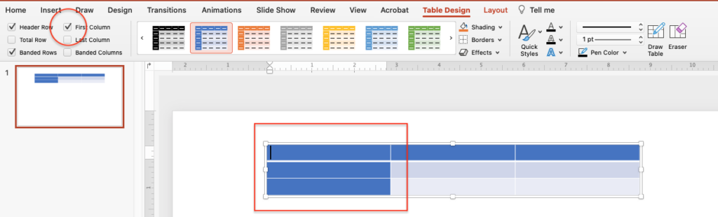 Ahows location of First Column checkbox in PPT