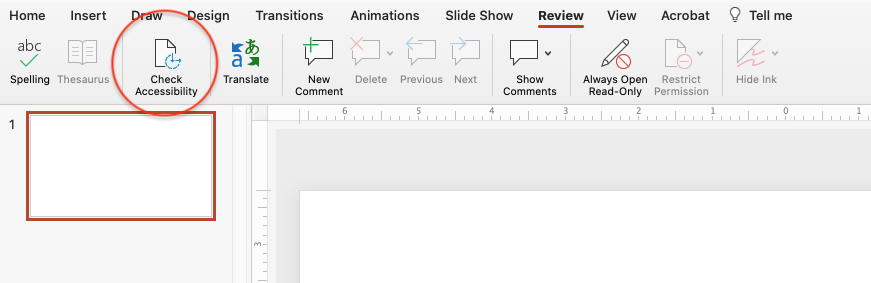 Shows location of accessibility checker in Powerpoint