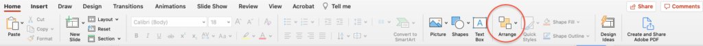 Shows location of arrange in Powerpoint