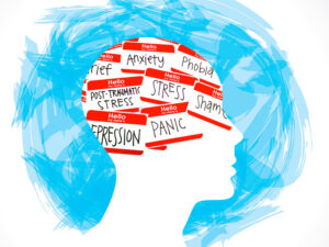 An illustration of a head with words like 'anxiety,' 'stress,' 'panic,' and 'depression' plastered all over it.