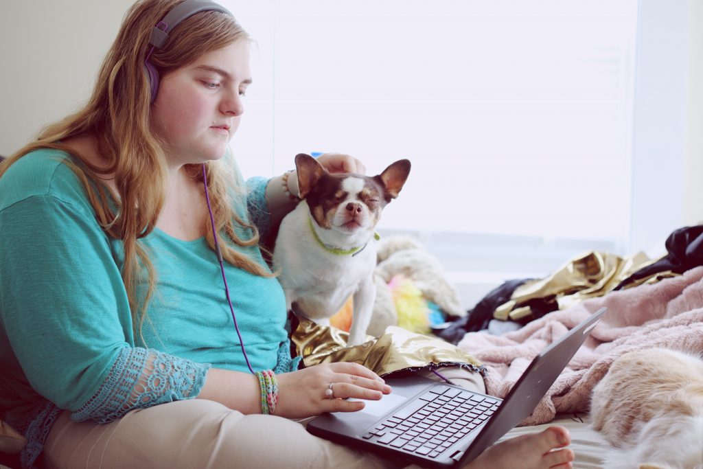 student reading a laptop while petting a dog