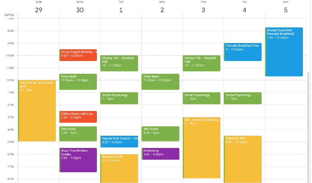 A screenshot of a Google Calendar showing events Sunday through Saturday. The events are color coded to show what category of events (Class time, social life, etc.) each event belongs to.