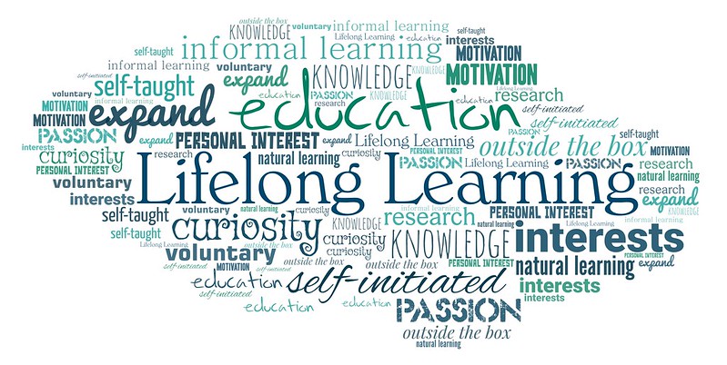 Brain shaped word cloud: Lifelong Learning, education, expand, self-taught, self-initiated, interests, outside the box.