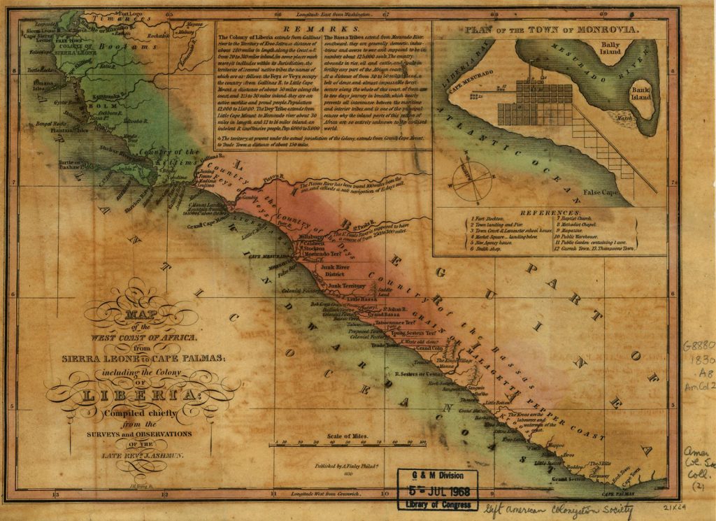 Map of the African coastline showing Liberia.