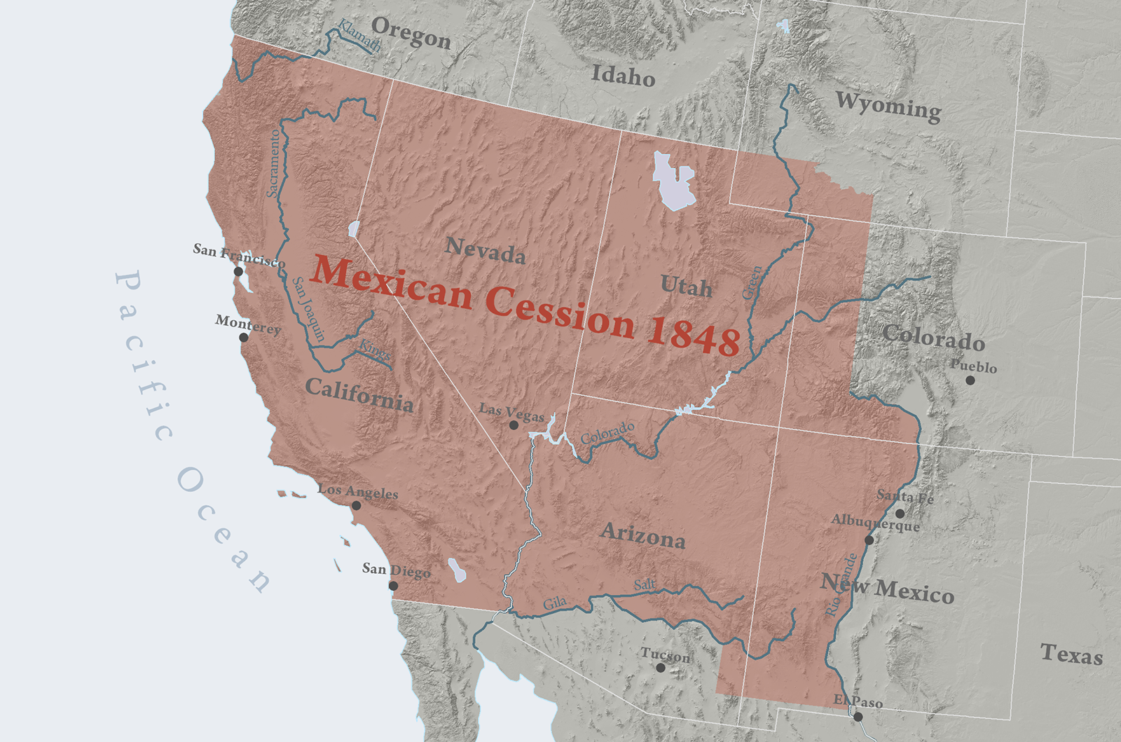 Map showing the Mexican Cessions territory in 1848, showing area in Colorado, New Mexico, Utah, Nevada, Arizona, and California.