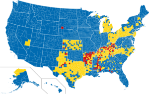 Map of the U.S. showing counties where alcohol is all or partially banned. Most all of the west is totally "wet" but many places in the south and east are somewhat dry, with only a few locations in and around Arkansas, Kentucky, and Mississippi being totally dry.