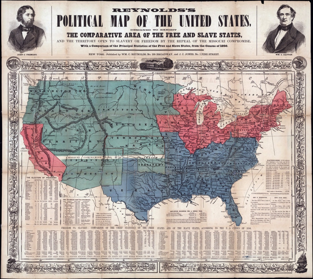 Political map of the United States comparing free and slave states. Kansas is undecided in the middle, the Northeast and California are free, the Southeast is slave, and the rest of the west is undetermined.