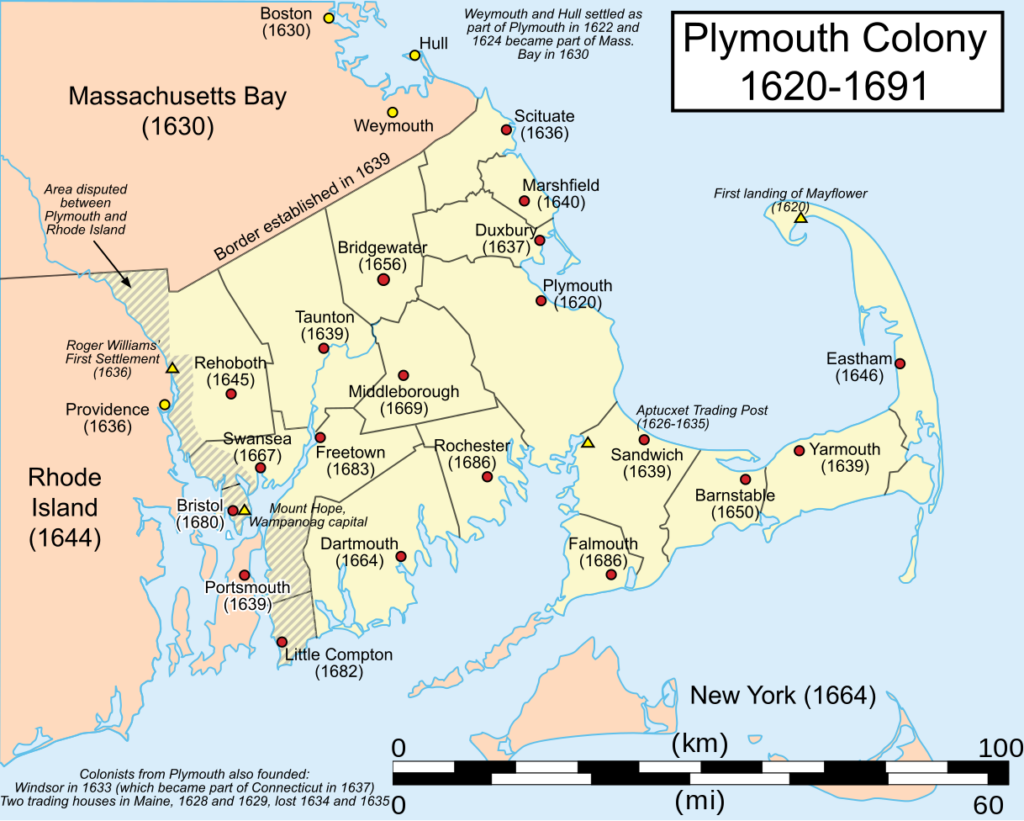 Map of Plymouth Colony. Shows it on the peninsula out of Massachusetts Bay.