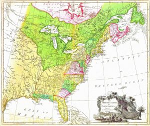 A detailed map of the British Colonies of North America. The map is focused on the east coast and uses green, pink and yellow shades to indicate the colonies.