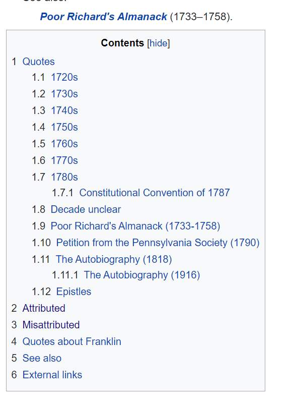 Wikipedia Table of Contents for the Poor Richard's Almanack