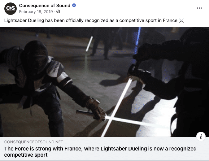 Screenshot from a consequence of sound post with the headline, "Lightsaber dueling has been officially recognized as a competitive sport in France."