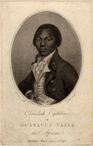 The cover page of Olaudah Equiano's autobiography, showing his image, wearing traditional nice clothing of the era.