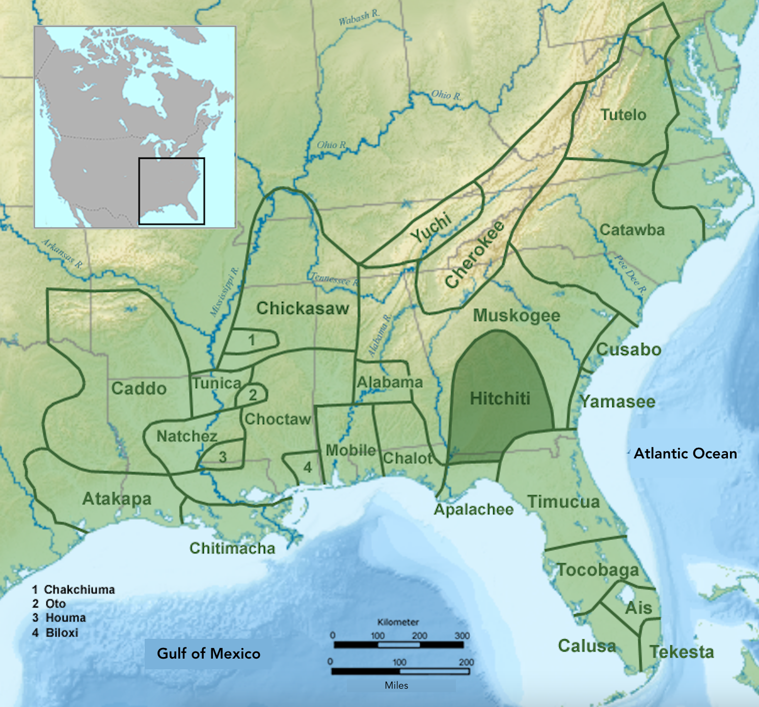 kaart van het zuidoosten met inheemse stamgebieden. In en rond Georgia zijn er de Muskogee, Cusabo, Yamasee, Hitchiti, Timucua, Apalachee, Cherokee en Catawba.