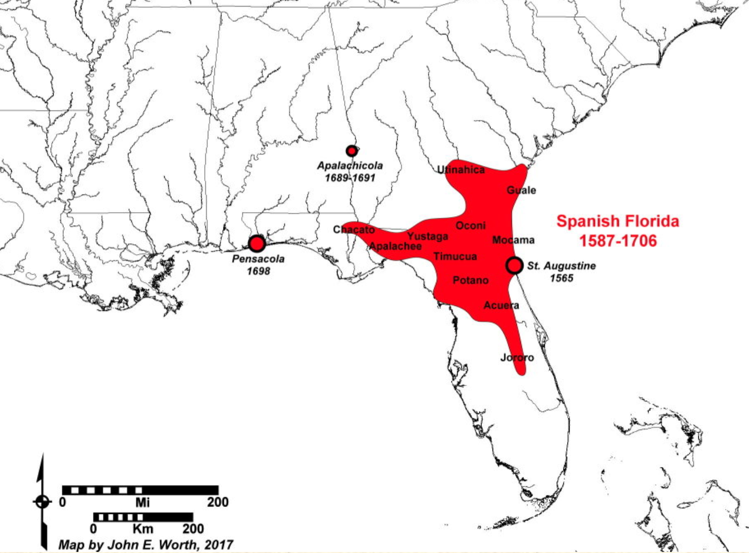  kaart van Florida en Georgia met de locatie van belangrijke Spaanse missies, waaronder Guale aan de kust van Georgia en St.Augustine verder langs de kust in het huidige Noord-Florida.