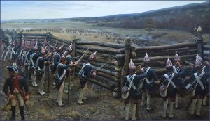 A painted depiction of the continental army's entrenchments during the Battle of Saratoga. The soldiers are seen hiding behind the makeshift walls and peering through the holes at the other soldiers on the battlefield. Their guns are drawn.