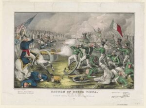 A print depicting a scene from the Battle of Buena Vista. The Mexican Army is seen on the right side and Americans on the left. The Americans are shooting cannons and both sides have their guns drawn. 