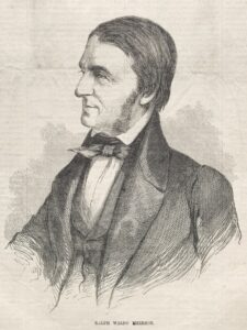 A wood engraving of Ralph Waldo Emerson sitting and looking off to the right. 