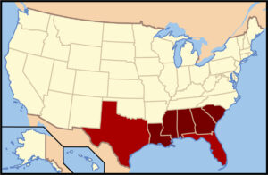 A map of the United States with the seven Deep South states highlighted in red. The highlighted states are Texas, Louisiana, Mississippi, Alabama, Georgia, South Carolina, and Florida.