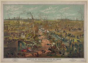 A panorama painting of the Battle of Shiloh. The scene is from a birds-eye view and depicts a battlefield with many soldiers marching in organized lines. 