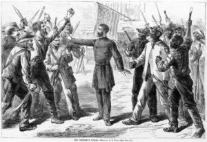 A drawing of a man representing the Freedman's Bureau standing between armed groups of Euro-Americans and African-Americans.