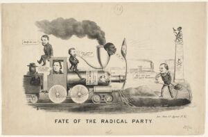 A political cartoon featuring President Andrew Johnson digging a hole for the train of the Radical Republican Party with a shovel marked 'veto'. Also Radical Republican Thaddeus Stevens (in the cab of the train) and Benj. Butler (in the bottle) was in complete control of Reconstruction. U. S. Grant, Republican candidate for President in 1868 is shown riding the train just in front of the cab. 