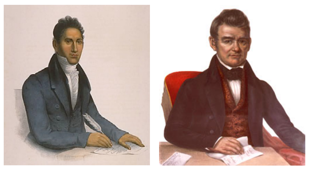 Images of John Ridge and John Ross. Both are wearing popular White, professional, clothing of the era.