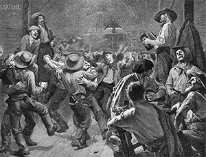 1891 etching by Andre Castaigne that imagines a men only ball during the 1849 California Gold rush. Men dance and sing together.