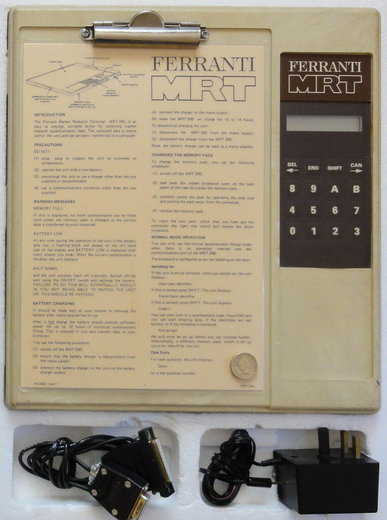 Photograph of the Ferranti MRT-100, a portable computer taking the form on an electronic clipboard